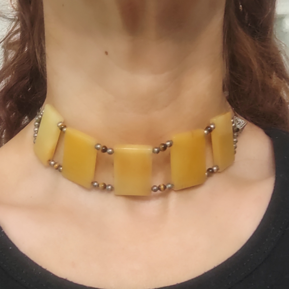 Vintage Celtic Yellow Agate & Sterling Silver Choker Necklace